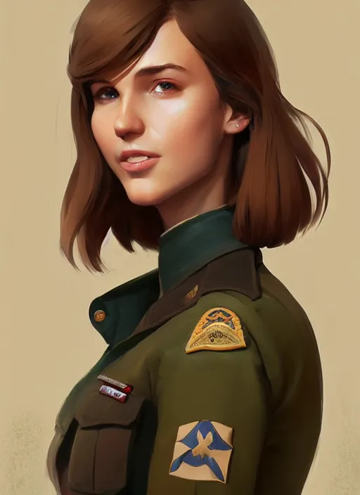 Image similar to portrait of young woman with light brown shoulder length hair and hazel eyes dressed in a sharp dark teal military uniform, smiling, ilya kuvshinov, svetlana tigai, greg rutkowski, loish, artgerm, digital painting, concept art