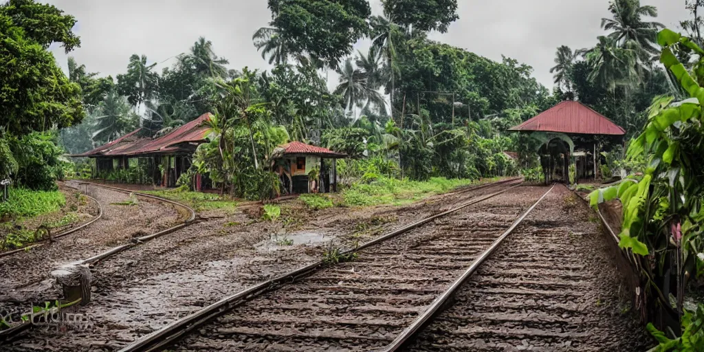 Prompt: abandoned sri lankan train station, cats, rain, mud, greenery, photograph