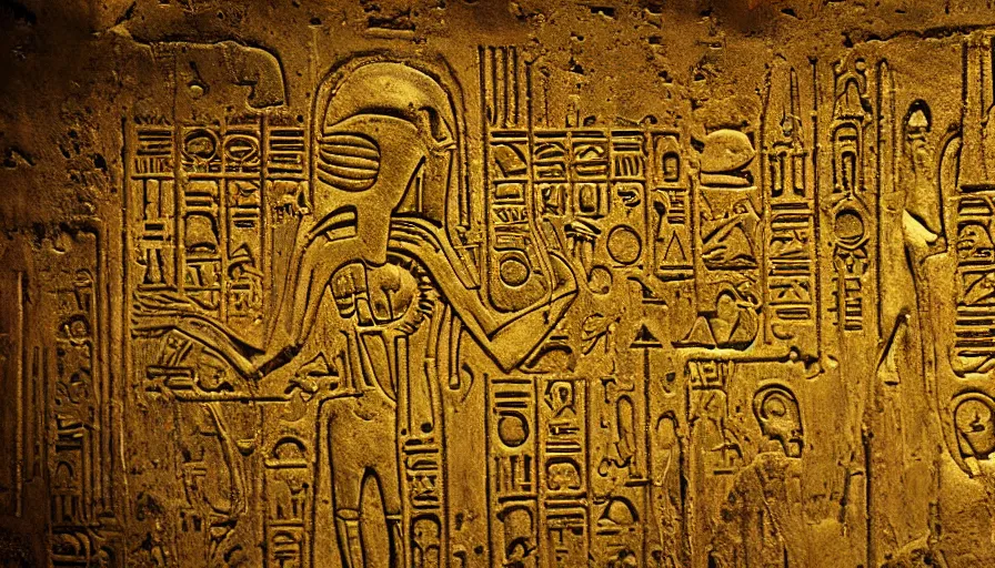 Image similar to h. r. giger hieroglyphs, hieroglyphs showing aliens and planet, sorrow intense likely, gold plate, sense of decay given, throw into the abyssal despair, various refining techniques, micro macro auto focus, top photography photo art gallery, realistic photo, insane detail