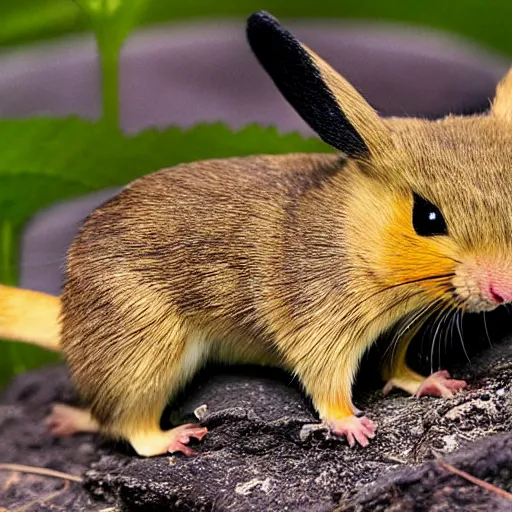 Image similar to The first pikachu (Amber Rattus) found in nature, circa 1992, photograph