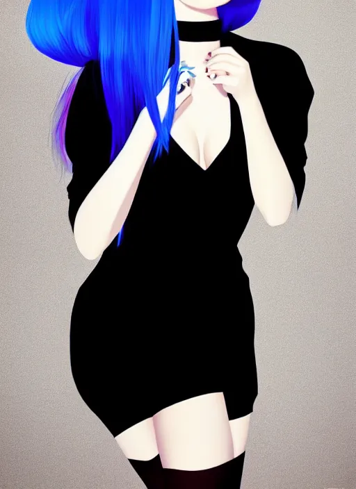 Image similar to hyper realistic photograph portrait of pretty girl with blue hair, wearing a little black dress, dramatic lighting by ilya kuvshinov