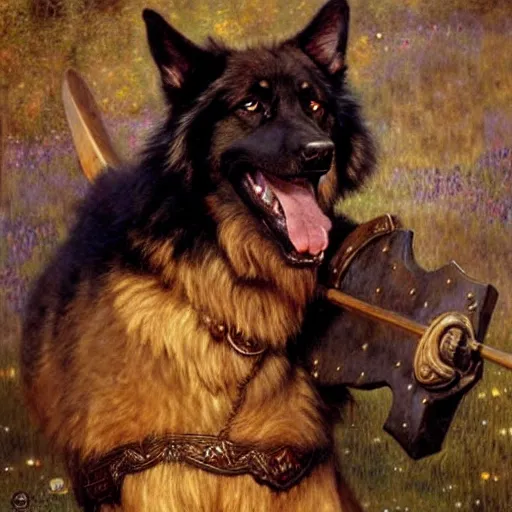 Prompt: a portrait of a black german shepard dogman canine viking with human eyes smiling holding an axe. fantasy highly detailed painting by gaston bussiere craig mullins jc leyendecker gustav klimt artgerm greg rutkowski