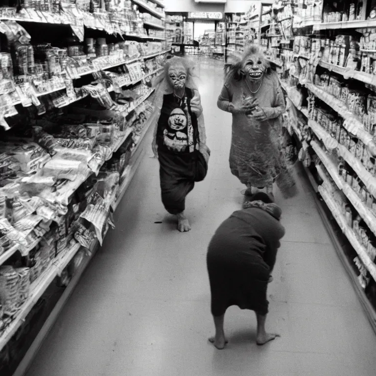 Image similar to elderly goblin women in abandoned grocery store aisle rushes towards you after you tell her no worries, 50mm film, flash photography