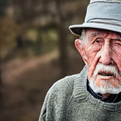 Prompt: an elderly man wearing a hat made from doughnuts, bold natural colors, national geographic photography, masterpiece, 8 k, raw, unedited, symmetrical balance