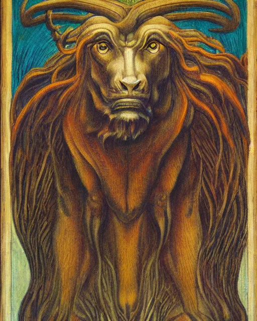 Prompt: a creature with the body and eyes of a man, with the beak of an eagle, the mane of a lion, and the horns of an ox by jean delville. vivid colors