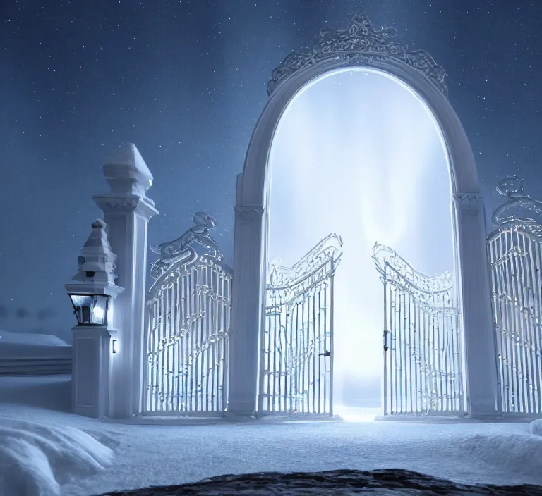 Image similar to a very detailed concept art of intricate and scandinavian white gates to aurora borealis infused with lights, trending on artstation, symmetry, digital art, 4 k, hyper realistic, octane render, sharp focus