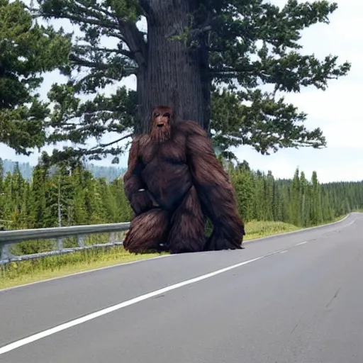 Image similar to Sasquatch pushing a big tree onto highway traffic