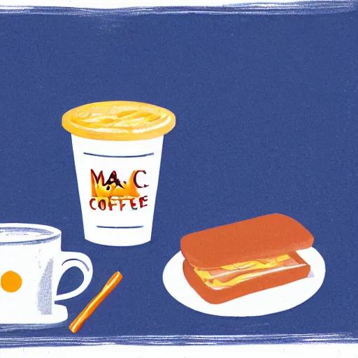 Prompt: a hand drawn disney illustration of a living box of mac and cheese holding a cup of coffee