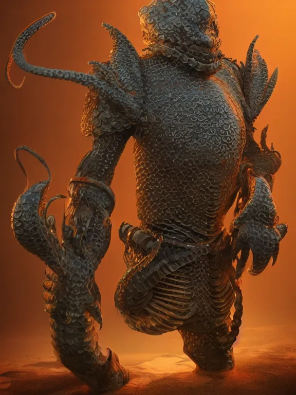 Image similar to full body frontview portrait of a fighter in octopus armour, d & d character design, designed in blender, 8 k hd, octane render, intricate and highly detailed, coloured with lots of colour, pose, fantasy, sharp focus, realistic, volumetric lighting