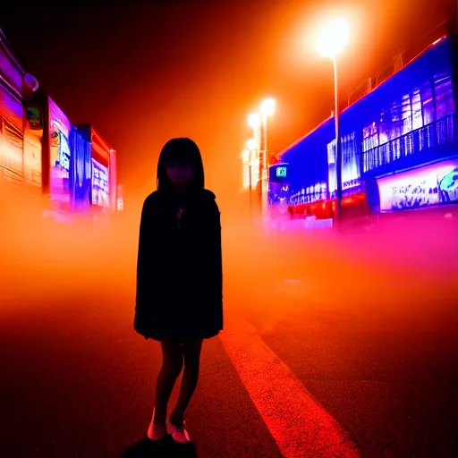 Image similar to a dramatic colorful fujifilm photograph of a young japanese girl\'s silhouette standing in the middle of a tranquil nighttime tokyo street. neon signs light the fog with volumetric rays.