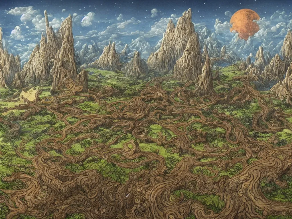 Image similar to fantasy landscape made by moebius with a 8 eyed humanoid god dealing cards over a medieval field