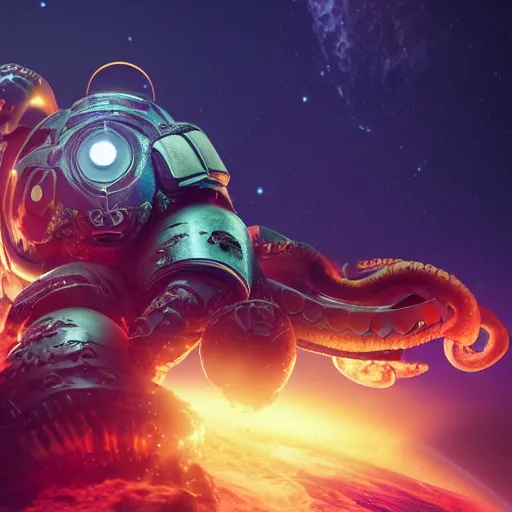 Image similar to An octopus wearing a spacemarine armor in outer space, spacecraft, nebula, octane render, 3d, unreal engine, highly detailed, 4k, 8k