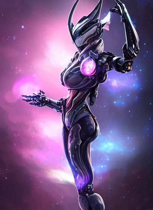 Image similar to detailed cinematic shot, cosmic sized perfectly proportioned stunning beautiful hot female warframe, robot mecha female dragon head, metal ears led eyes, silver armor, fuschia leds, floating in empty space, nebula sized, holding a galaxy, epic proportions, epic size, epic scale, furry art, dragon art, giantess art, warframe fanart, furaffinity, deviantart