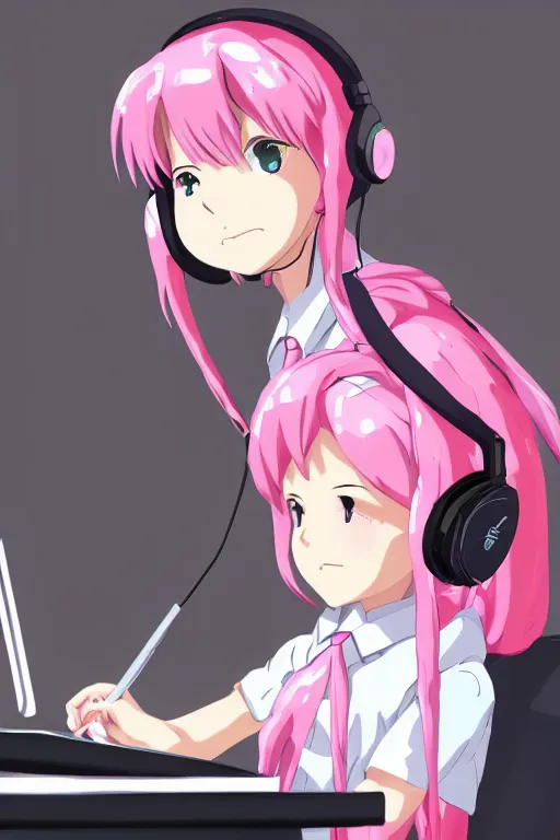 Image similar to high definition anime portrait of a pink haired anime schoolgirl sitting at a desk studying with headphones on, lo-fi art, by Studio Ghibli, trending on artstation, sharp high quality anime, digital art, photoshop, proportionate