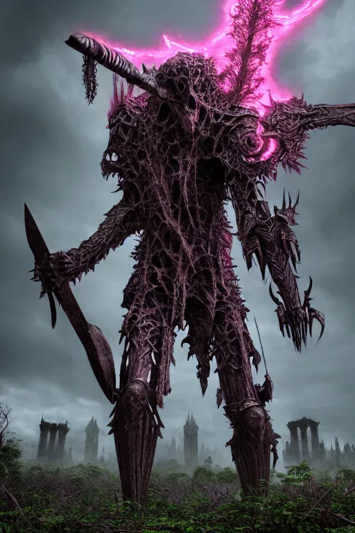 Image similar to post - gothic giant banshee, exoskeleton armor, attacking with axe, dystopian ruins covered in vegetation, highly detailed smooth digital art masterpiece, vitaly bulgarov giger dramatic dark pink light, ground angle hd 8 k, sharp focus