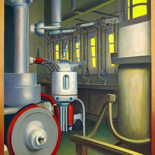 Image similar to engine room, turbines, robot repairmen, reactor core, grant wood, pj crook, edward hopper, oil on canvas