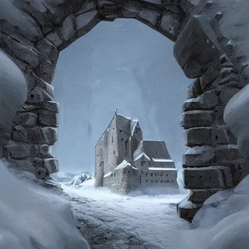 Prompt: A medieval Nordic castle and houses near a cliff in the snow, 2 big stone statues at the entrance of the castle, fantasy, highly detailed, digital painting, artstation, concept art, illustration, art by Greg Rutkowski and Marc Simonetti