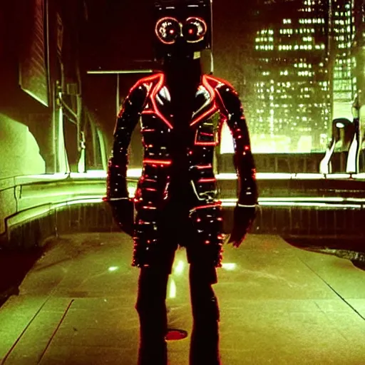 Image similar to eerie cybernetic cyberpunk cyber Jamiroquai, award winning photo, dancing