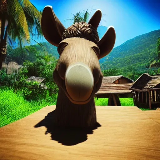 Image similar to a 3d donkey on vacation, amazing detail