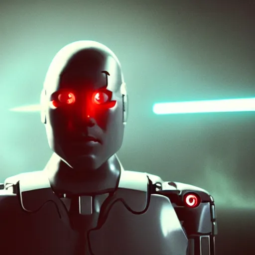 Image similar to movie still of cyborg with glowing third eye, cinematic composition, cinematic light, criterion collection, by squaresoft