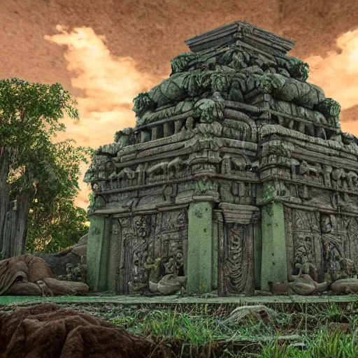 Image similar to an ancient collapsing temple to Shrek discovered deep in the swamps, 4k render, octane, ancient ogre imagery, tribal war god, dark amazonian temple, onion statue, gargoyle-like decorations in the style of Donkey. hyper-detailed, intricate, hallowed swampland