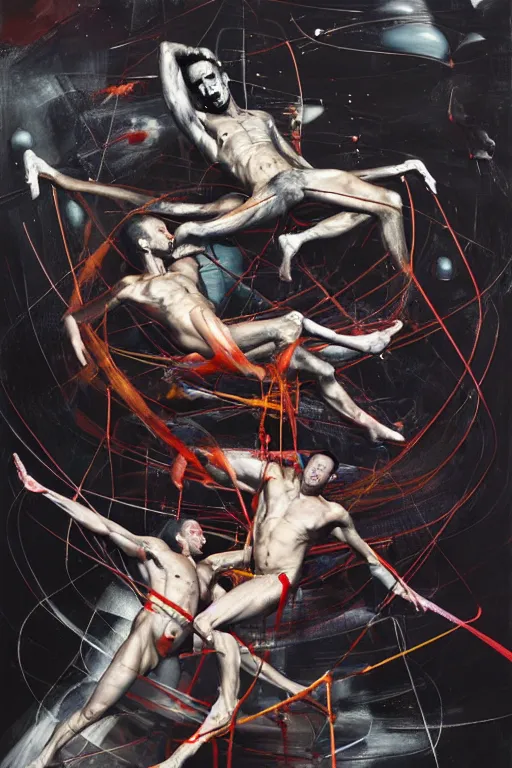 Prompt: muscular men entwined together, floating in space, zero gravity, inside a brutalist space ship, gothic, rich deep colours, painted by francis bacon, adrian ghenie, james jean and petra cortright, part by gerhard richter, part by jenny saville, part by takato yamamoto. 8 k 3 d epic