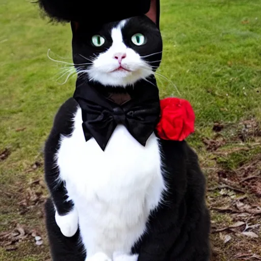 Image similar to a tuxedo cat dressed up as queen elizabeth