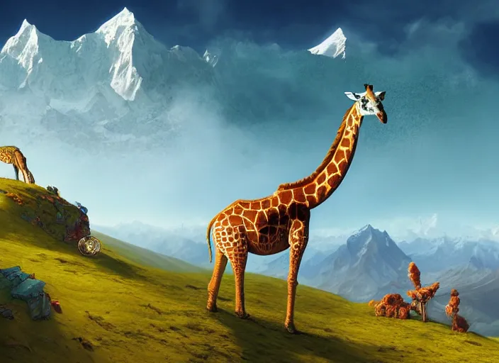 Image similar to a giraffe on the himalaya mountain, summer morning, very coherent and colorful high contrast, art by gediminas pranckevicius, geof darrow, dark shadows, hard lighting