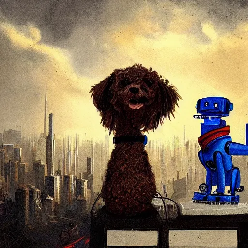 Prompt: a dog and a robot watching destroyed city from a rooftop, painting , beautiful, Concept art