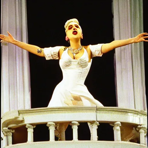 Image similar to lady gaga in Evita 1996, singing on the balcony