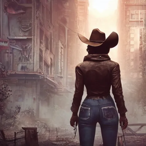 Prompt: fallout 5, charismatic beautiful, rugged, brunette female protagonist wearing a cowboy - hat, portrait, outdoors ruined cityscape, atmospheric lighting, painted, intricate, volumetric lighting, beautiful, foggy, daytime, slight overcast weather, sharp focus, deep colours, ultra detailed, by leesha hannigan, ross tran, thierry doizon, kai carpenter, ignacio fernandez rios