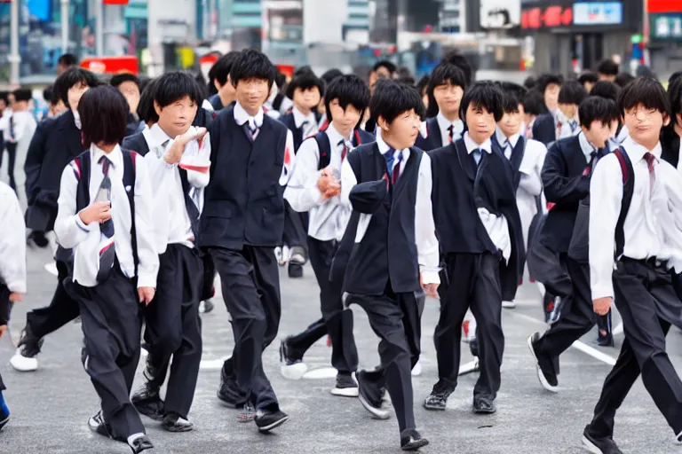 Image similar to japanese middle school boys wearing school uniforms at shibuya crossing, red weapon 8 k s 3 5, cooke anamorphic / i lenses, highly detailed, cinematic lighting