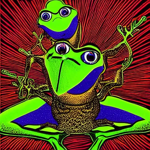 Image similar to Alex Jones turning thousands of frogs gay. Super resolution. Award winning illustration art in the style of Alex Grey