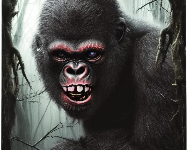 Image similar to 5 5 mm portrait photo of a demonic undead gorilla looking at the camera, in a magical forest, dark atmosphere, art by greg rutkowski and luis royo, highly detailed, 8 k, intricate, lifelike, soft light