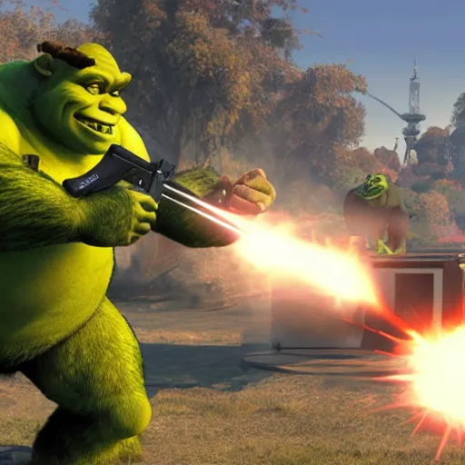 Prompt: ultra wide gameplay screenshot, shrek fighting with steven armstrong ( metal gear ) on a helipad, epic, world record, digital illustration radiating a glowing aura global illumination ray tracing hdr fanart arstation