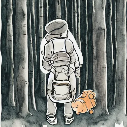 Image similar to mcbess illustration, watercolor, of a little boy with a backpack in a forest