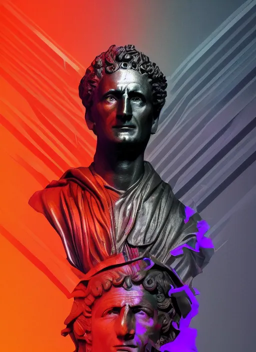 Prompt: elegant dark design poster showing a statue of julius caesar, black background with very subtle red and purple design elements, powerful, vito acconci, thin straight purple lines, dark, glitch art, neo vaporwave, gritty, layout frame, square, trending on artstation