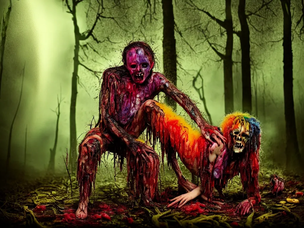 Image similar to a beautiful colorful ( flesh - eating ) gazipagmo covered in raindow fur and maggots, eating the leg of a screaming man, in a creepy forest with melting trees, schizophrenic hallucination, fear, morbid, nightmare, supernatural, 8 k, hd photography, highly detailed, chiaroscuro, terrifying