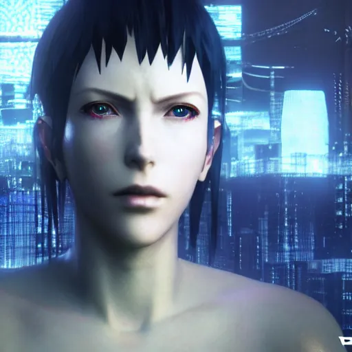 Image similar to ghost in the shell in the style of finalfantasy advent children, 3 d, octane render, realistic 8 k, dynamic lighting