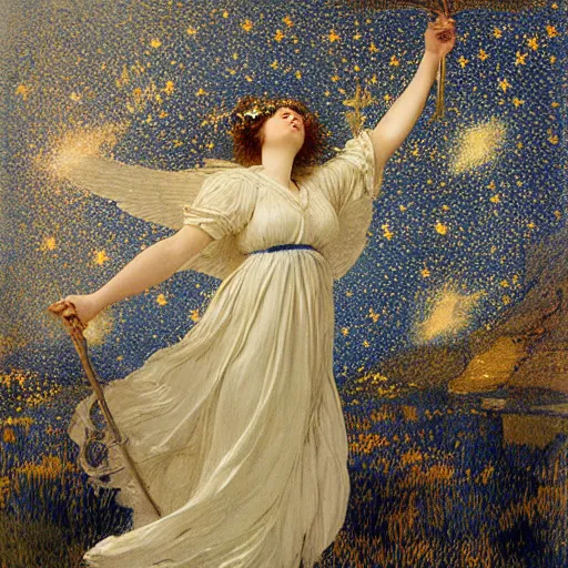 Image similar to the photograph features a woman with wings made of stars, surrounded by a blue and white night sky. the woman is holding a staff in one hand, and a star in the other. she is wearing a billowing white dress, and her hair is blowing in the wind. cool yellow by lawrence alma - tadema, by martine johanna mournful, cgi