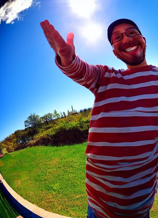 Image similar to photo of a person smiling and giving a thums up out doors. fisheye lens