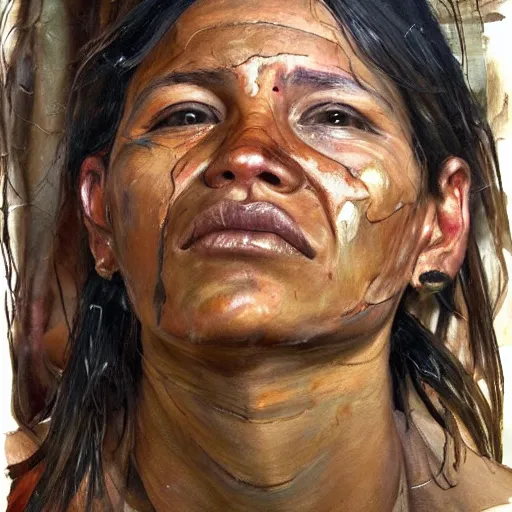 Prompt: high quality high detail painting by jenny saville, hd, a skinny beautiful indigenous woman tribe leader, hair in wind, photorealistic lighting