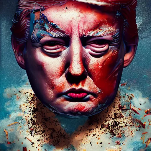 Prompt: Messy Baby Donald Trump covered in chocolate, cyberpunk, surrounded by smoke, award-winning art, hyperrealistic, by Sam Spratt, by Vlad Rodrig﻿u﻿e﻿z, trending on Artstation, dark, dramatic, cinematic, realistic studio lighting, raytracing, 4k, professional, canon