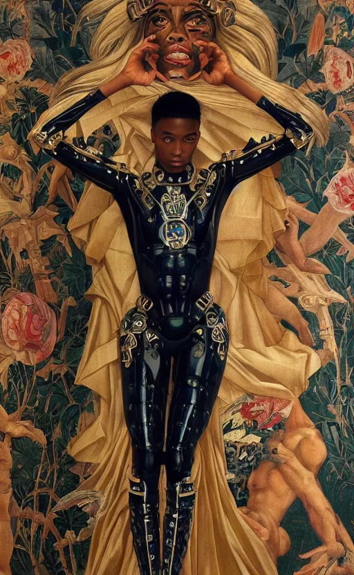 Image similar to beautifully painted mural of a stunning young black cyborg prince in ornate royal fabric, piercing glowing eyes, sci fi scenery, vogue cover poses, mural in the style of sandro botticelli, caravaggio, albrecth durer