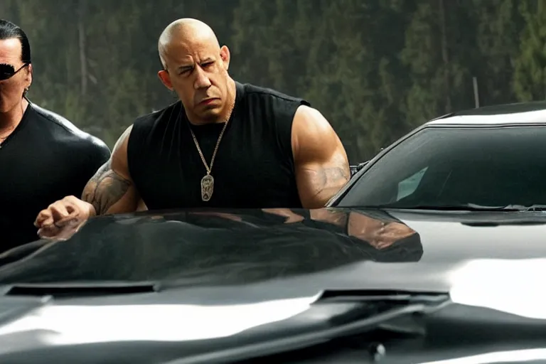 Image similar to movie still frame of steven seagal and vin diesel from the new fast & furious film, promotional image, symmetrical cinematic shot composition, stunning cinematography