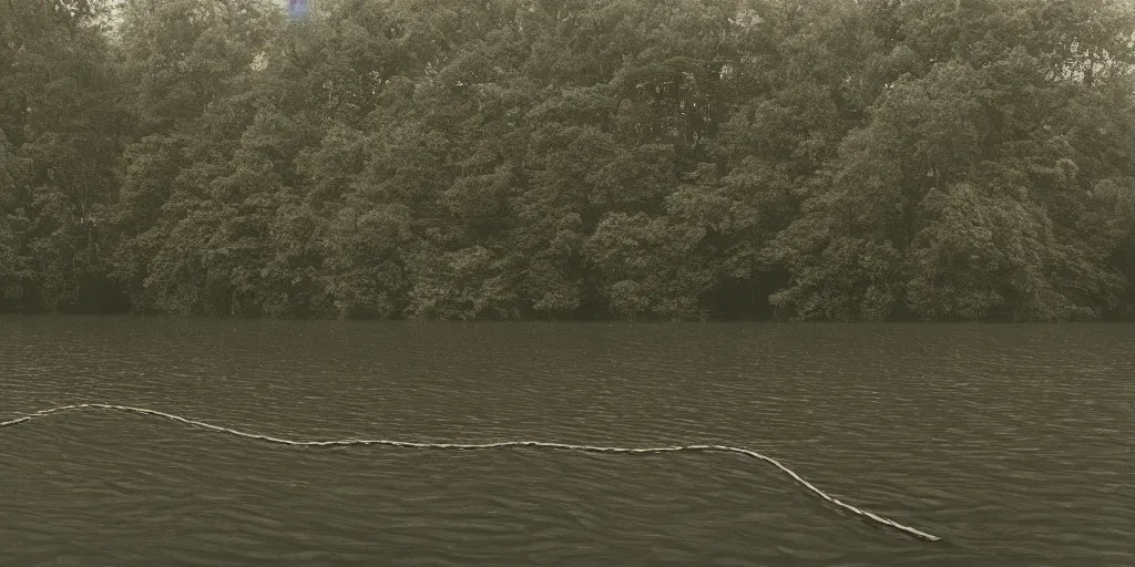 Prompt: centered photograph of a infintely long rope zig zagging across the surface of the water into the distance, floating submerged rope stretching out towards the center of the lake, a dark lake on a cloudy day, atmospheric, color film, trees in the background, hyper - detailed photo, anamorphic lens