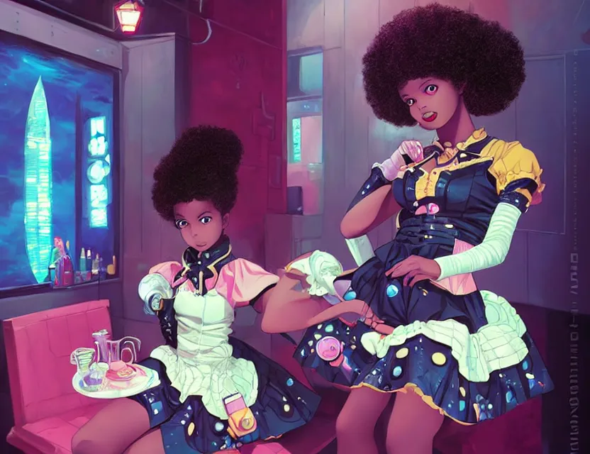 Prompt: black - skinned scifi princess in a deep sea cafe, wearing a lolita dress with cyberpunk elements. this oil painting by the award - winning mangaka has an interesting color scheme and impeccable lighting.