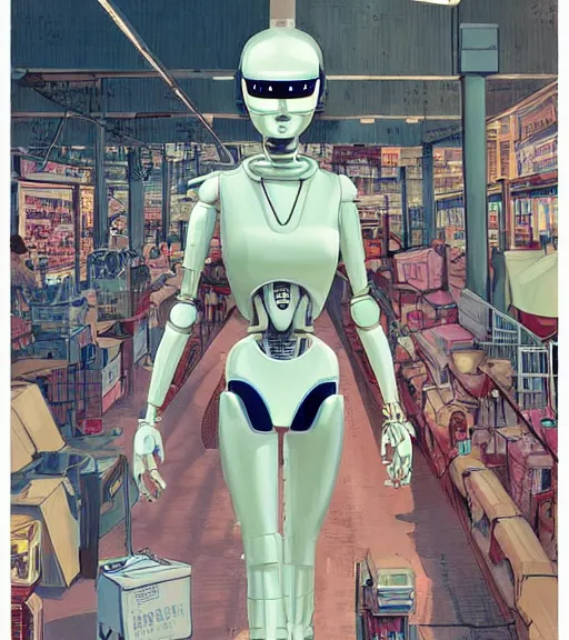 Image similar to a robot with a digitized female face for a head, walking through a market Industrial Scifi, detailed illustration, character portrait, by Martin Grip and Moebius