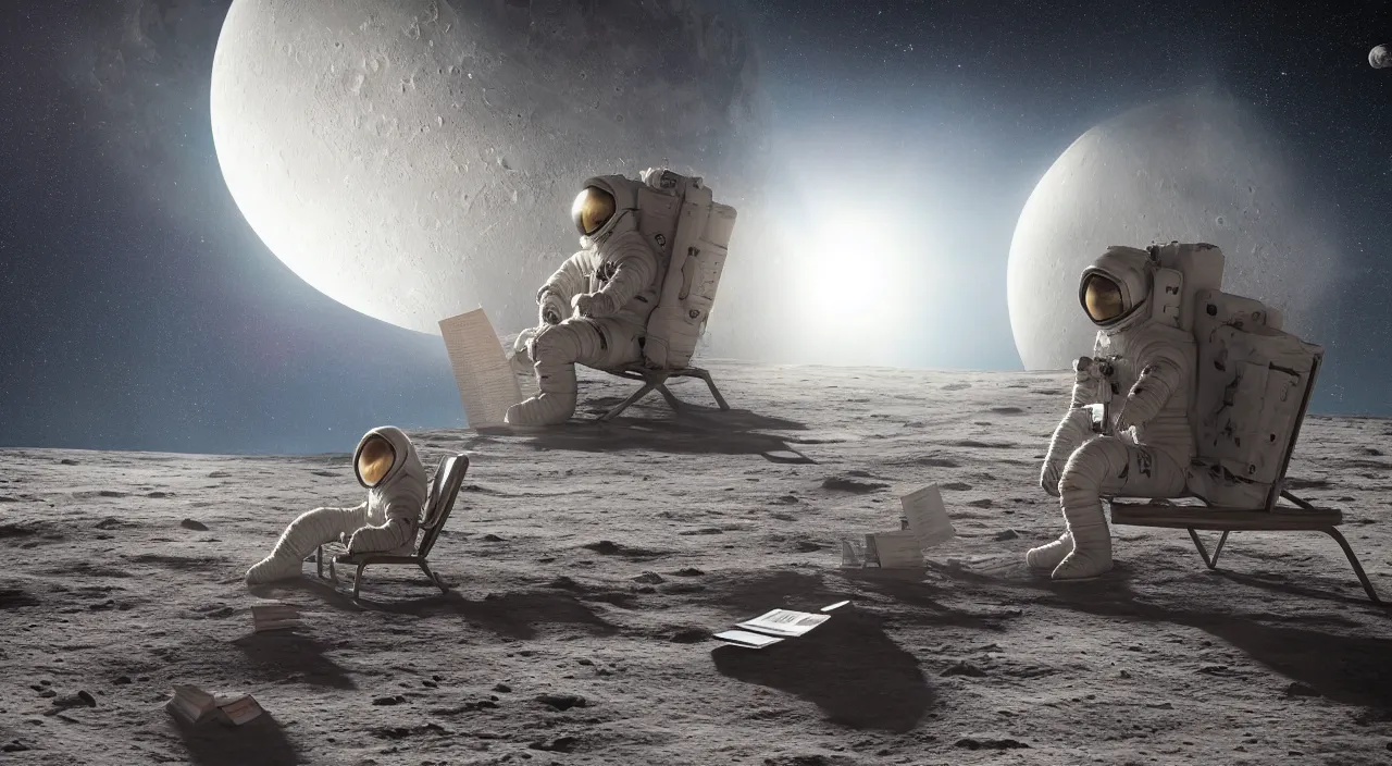 Image similar to hyper realistic matte painting of closeup shot of astronaut on the moon, sitting on concrete bench, reading book facing planet earth, back lighting, highly detailed, trending on artstation, concept art, art by jan matejko