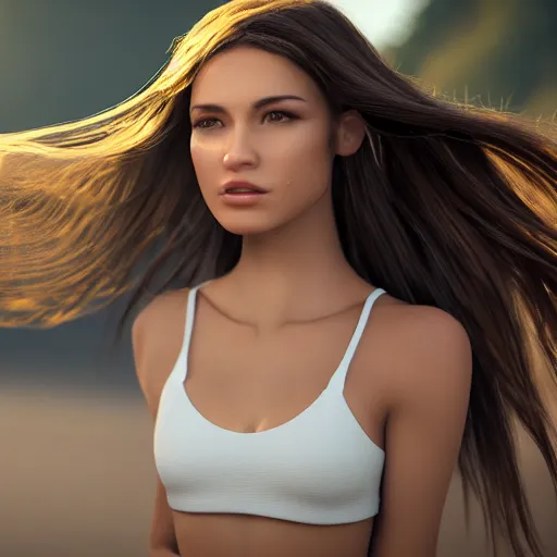 Prompt: real life photo of a beautiful girl, full body photoshoot, long brown hair, brown eyes, full round face, short smile, belly free, thin long sleeved, beach setting, cinematic lightning, medium shot, mid - shot, highly detailed, trending on artstation, unreal engine 4 k, 8 0 mm, 8 5 mm, cinematic wallpaper